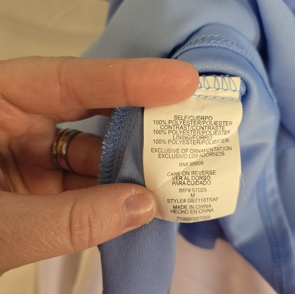 Gianni B. Blue Faux Wrap Mini Dress Medium | 3/4 Sleeves | Embroidered - Picture 8 of 9